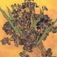 VASE WITH IRISES AGAINST A YELLOW BACKGROUND